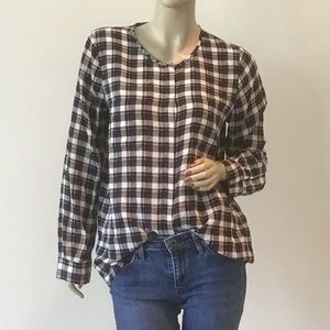 Joie Navy Blue White Buffalo Check Plaid Silk Blouse Shirt S 4 6